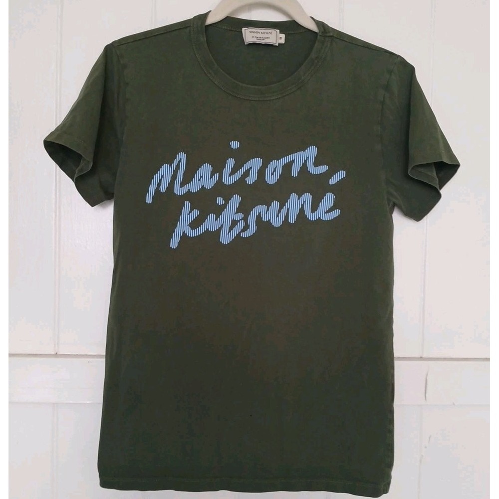 Maison Kitsune Script Handwriting T-Shirt Men's Medium Green Slim Short Sleeve *